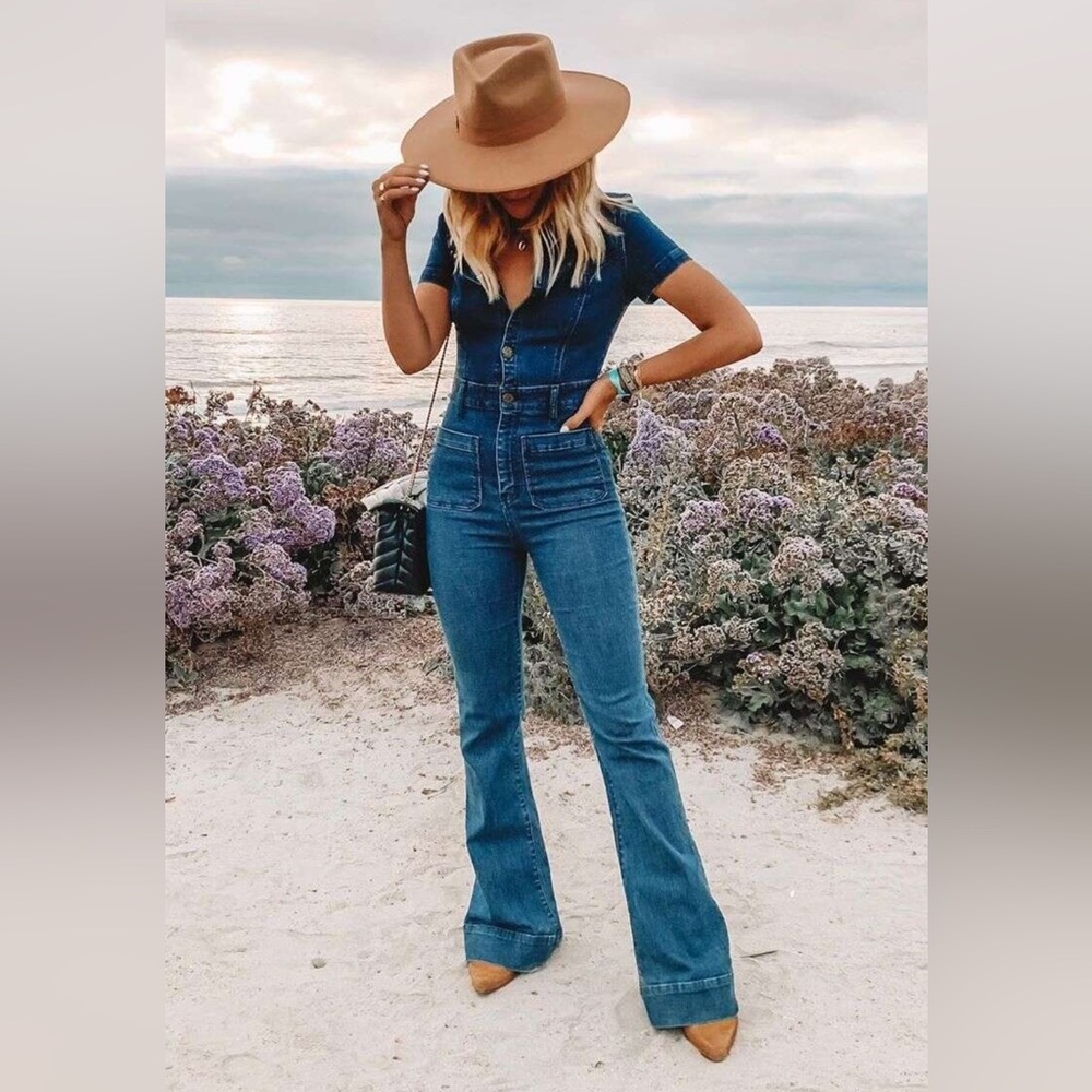 NWT! MID DENIM WESTERN COWGIRL OUTFIT MID DENIM FLARED JUMPSUIT WITH POCKETS - Picture 2 of 3